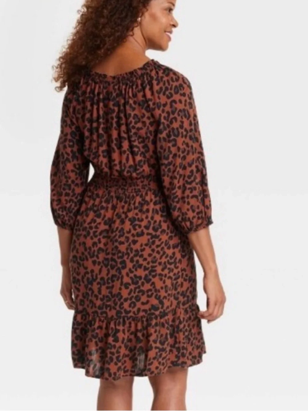 Knox Rose Brown Cheetah Print Puff Sleeve Boho Comfort Dress M - Picture 2 of 5